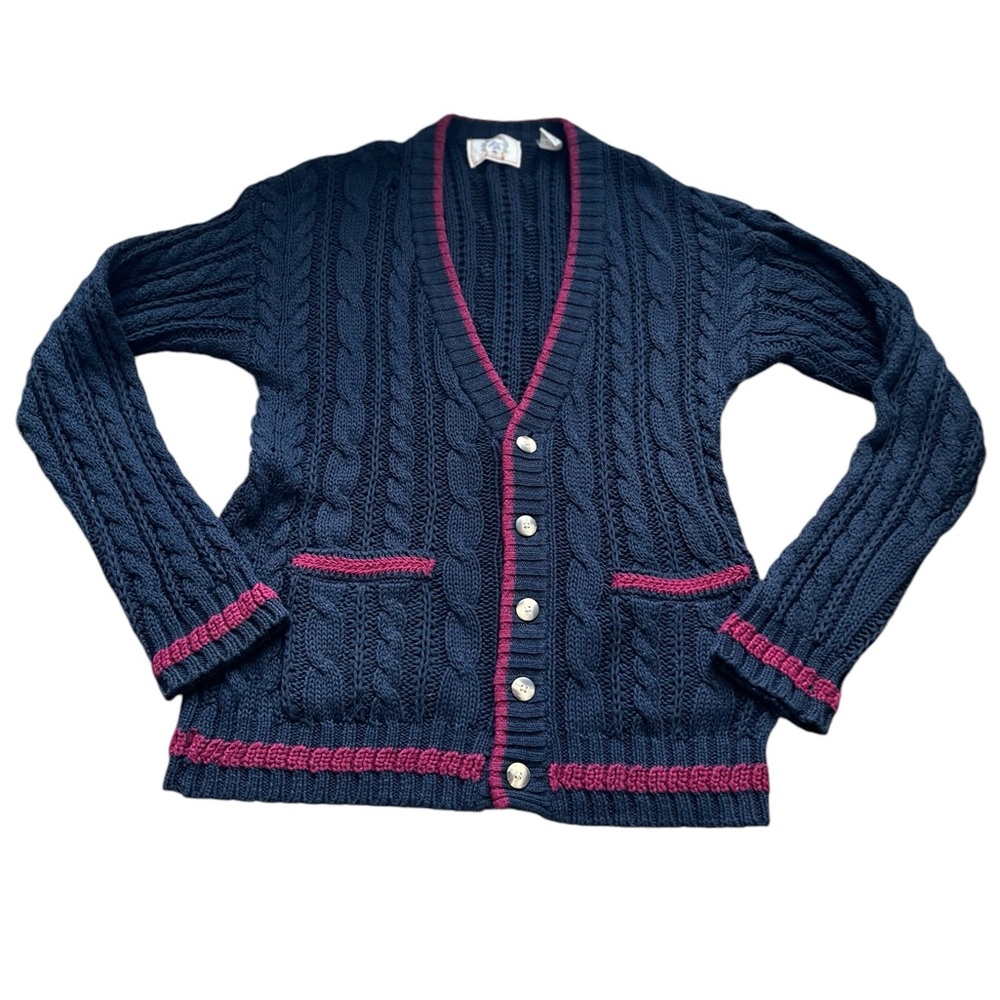 Vintage SEARS ROEBUCK Chunk Cableknit Cardigan Longsleeve Cotton Blend Navy SZ:M